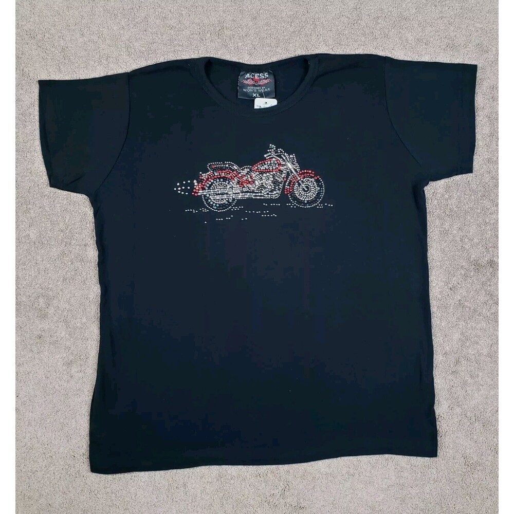Vintage Acess Women's Top T-Shirt Motorcycle Beaded Blind Black Size XL